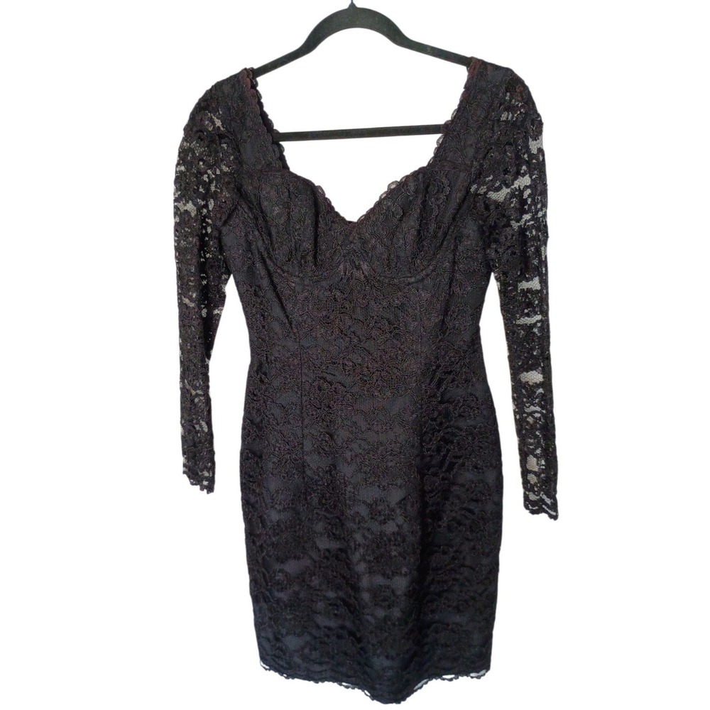 Moda International Vintage Black Lace Bodycon Dress Sweetheart Neck Sleeve 8